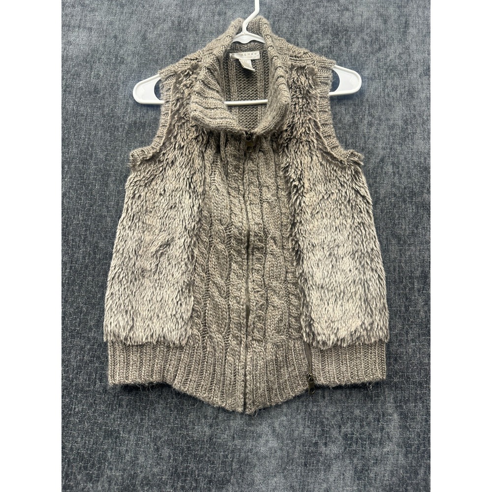 Kenar Sweater Vest Womens XS Gray Acrylic Cable Knit Fur Trim Double Zip‎ Vest